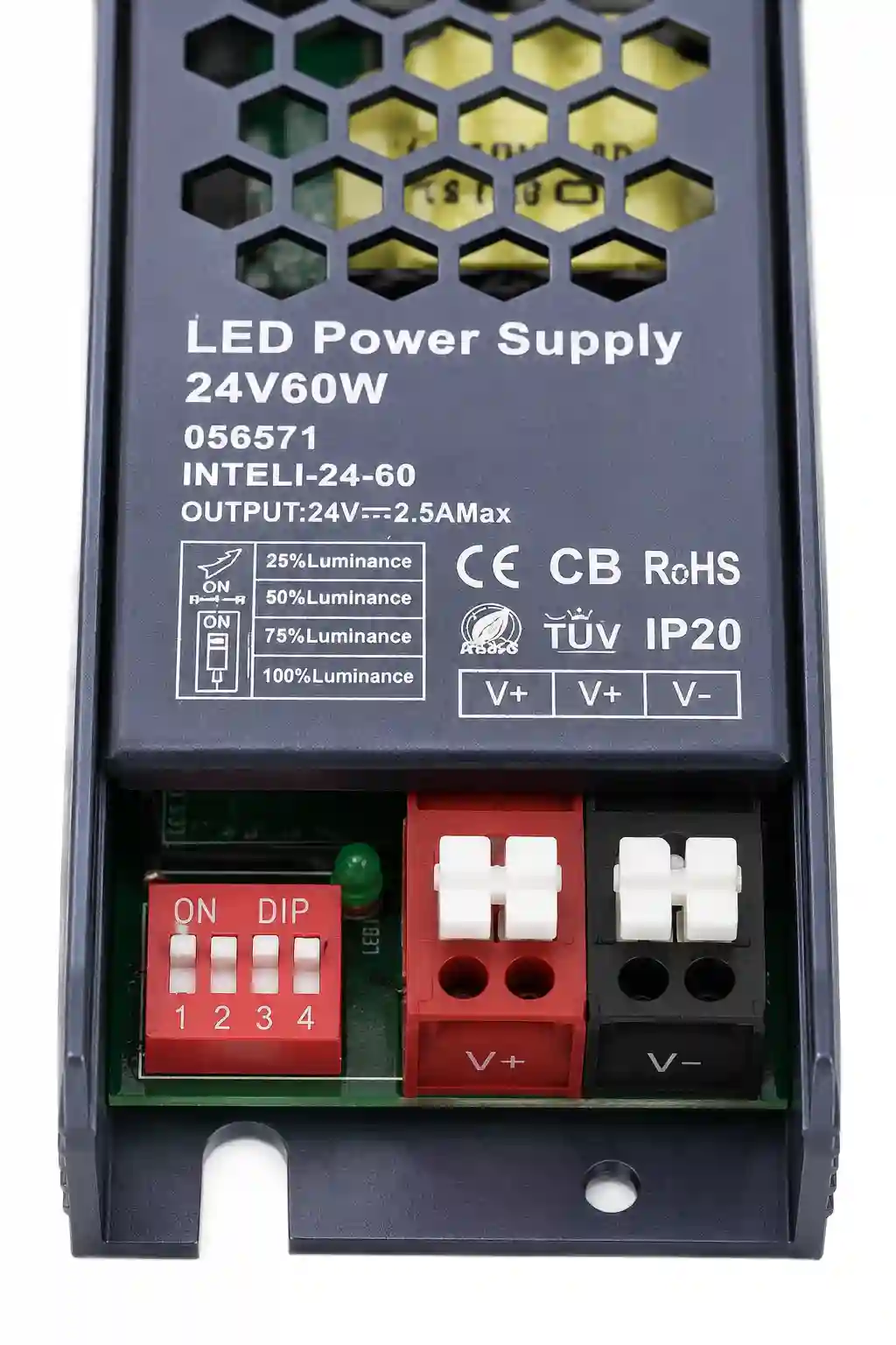 DIP přepínače stmívání LED zdroje INTELI 24V 60W čtyři stupně intenzity osvětlení 25 50 75 100 procent